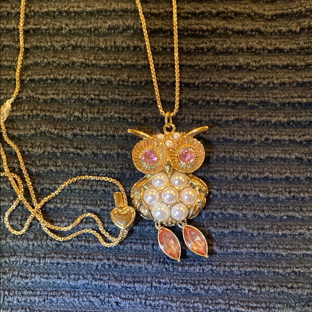Gold and Pink Owl Pendant Necklace